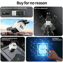 [2025 Upgraded]Retractable Car Charger 4 In 1, With 2 Cables, Supports Super Fast Charging(Max 66W), 2 USB Ports Car Charger Adapter For IPhone 16/15/14/13/12/11 Pro Max, Fold6/5/S25/24, Pixel (White) - 黑色 - 查看 5