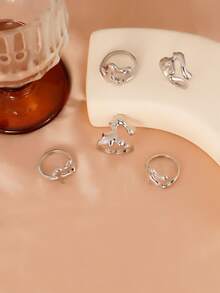 5 件套创意水滴设计可叠戴几何戒指，女士日常、约会、派对配饰，节日礼物 - 銀色 - 查看 4