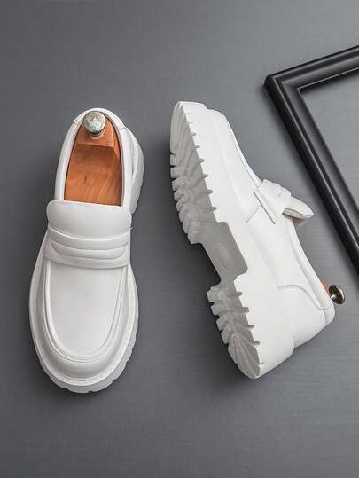 New Designer Men's Slip-On Loafers, Glossy Patent Leather Thick Sole Elevator Shoes, Retro British Style, Suitable For Back To School, College, Graduation, Formal Occasions, Soft & Comfortable Round Toe, Elegant Dress Shoes, Gentlemen Business Casual, Daily Wear, Couple/Dating/Party/Wedding, Recommend Ordering One Size Up Formal/Business Formal