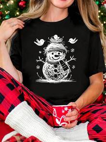 Camiseta de Navidad para mujer con estampado de muñeco de nieve y copo de nieve - Top casual suave y transpirable de manga corta y cuello redondo con muñeco de nieve y copos de nieve, para todas las estaciones - Oscuro - Ver 1