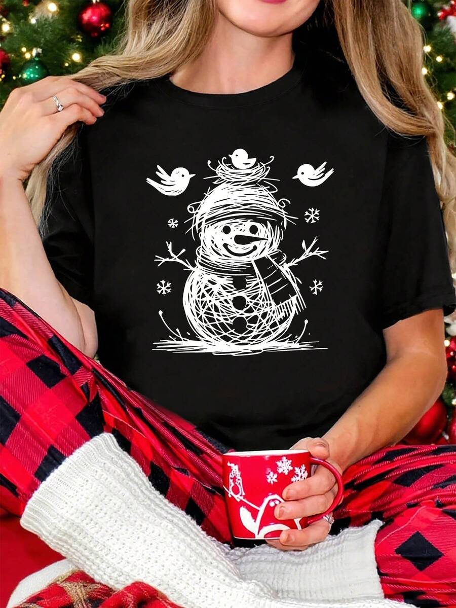 Camiseta de Navidad para mujer con estampado de muñeco de nieve y copo de nieve - Top casual suave y transpirable de manga corta y cuello redondo con muñeco de nieve y copos de nieve, para todas las estaciones - Oscuro - Ver 1