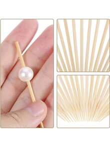 200pcs Cocktail Picks Appetizer Toothpicks Charcoal Accessories, Cocktail Picks For Beverages, Bamboo Toothpicks, Pearl Toothpicks, Suitable For Food, Fruit, Long Toothpicks - Pearl White - View 5