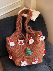 1pc, Versatile Fashion , High-Value Niche Design, Hand Bill Of Lading Shoulder Tote Bag, Contrast Knitted Fabric, Multi-Color Optional Large-Capacity Fan-Shaped Bag For Santa Claus Christmas Tree Deer Decoration, Suitable For Ladies' Daily Commuting And Shopping Occasions.