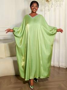 Modest Long Sleeve V Neck African Dress With Batwing Sleeves Sequin Embellishment