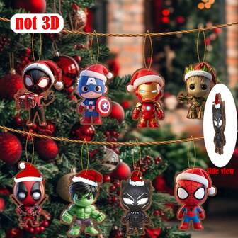  8pcs Marvel Spiderman Hero Series Party Favors, Christmas Holiday Pendant Hanging Decorations, Wooden Spiderman, Iron Mrica Mini Ornaments, Potted Plant Decor, Indoor Outdoor Christmas Decorations, Gifts For Friends New Year Christmas