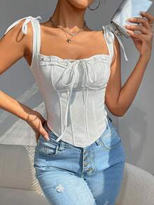 EZNV White Tie-Shoulder Boned Corset - Stylish Bustier, Enhances Curves & Comfortable For Daily - White - View 6