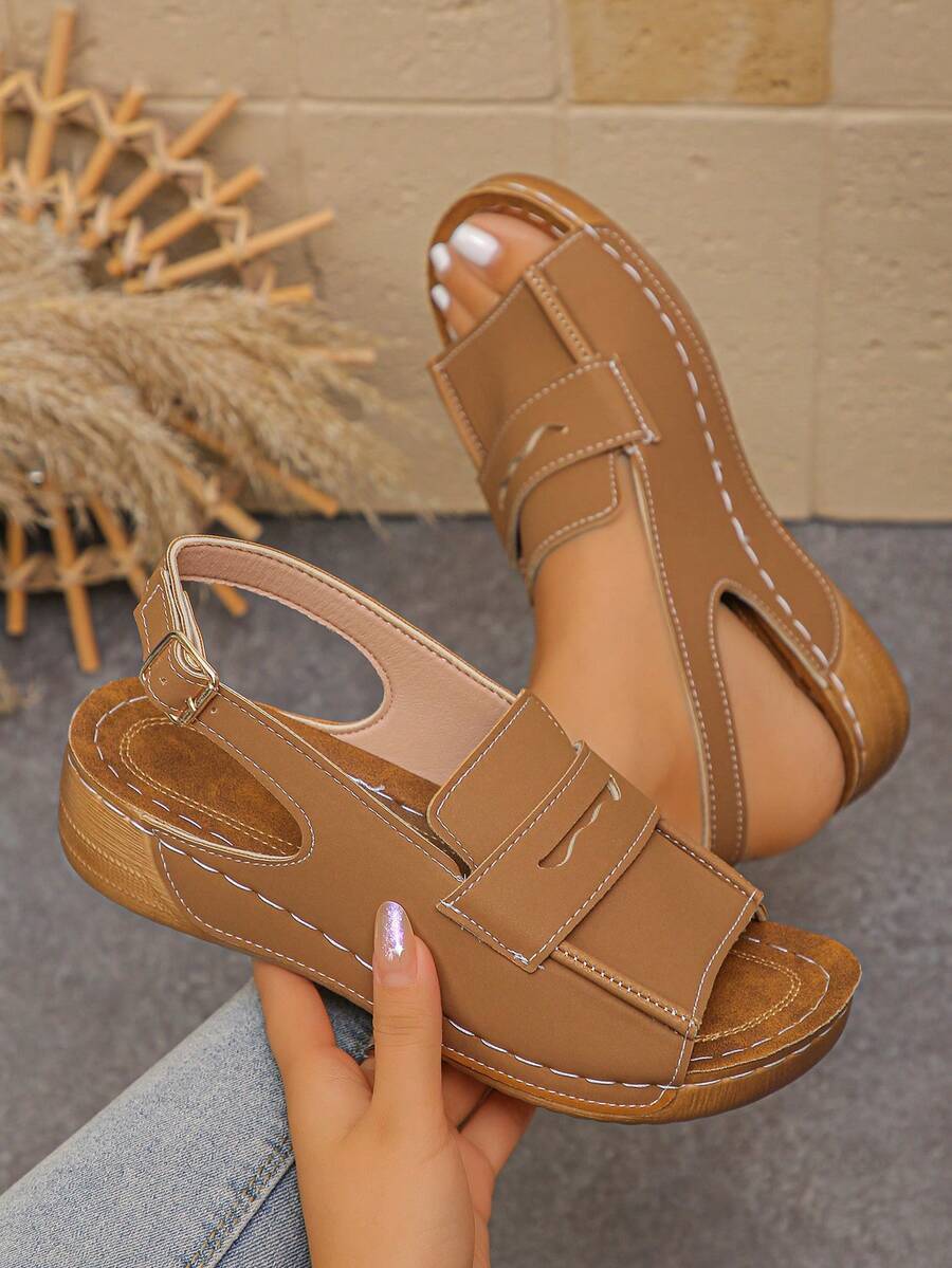 Giày sandal nữ đế dày, khóa cài, hở mũi, màu trơn, phong cách bohemian, thanh lịch, thời trang nghỉ mát, gợi cảm, sandal đế xuồng có khóa cài, thích hợp cho trong nhà, ngoài trời, bãi biển mùa hè. - màu nâu - Xem 1