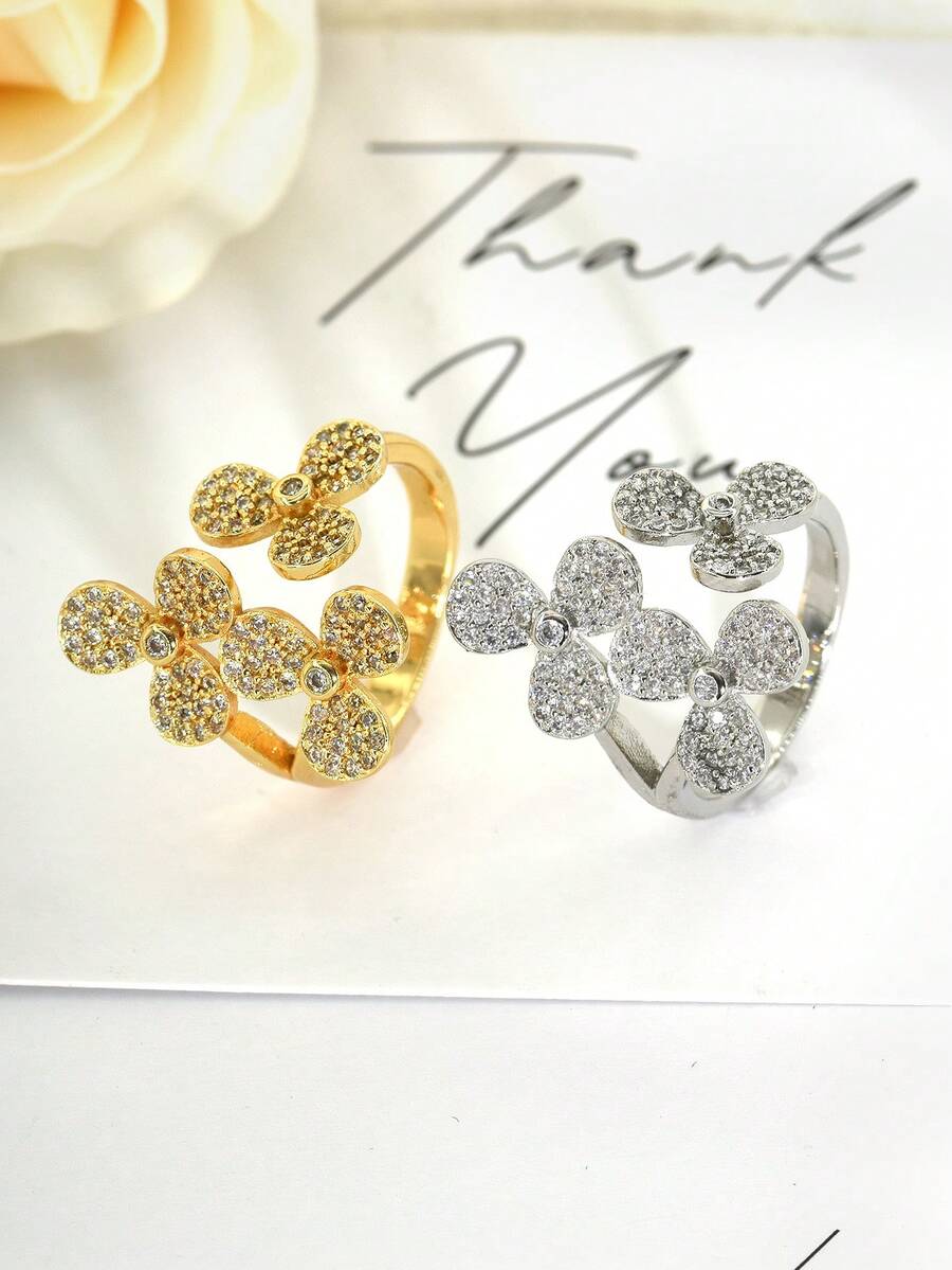 خاتم أنيق فاخر من الذهب/الفضة بتصميم البرسيم المرصع بالزركونيا، مناسب للنساء للاستخدام اليومي والأعمال والحفلات والزفاف والسفر وهدايا عيد الفطر وعيد الأضحى