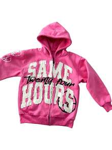 Lettering Print Hoodies, Relaxed, Loose Zip-Ups, Streetwear Jackets, Everyday Tops, Fall/Winter Layering Sweatshirts, Unisex Hoodies - Hồng - Xem 3