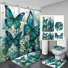 1/4 Set Green & Blue Butterfly Pattern Bathroom Curtain Set, Includes Anti-Slip Rug, White Floral Painting Bohemian Style Bathroom Set, Bath Rug, Bath Mat And Toilet Mat - Multicolor - View 1