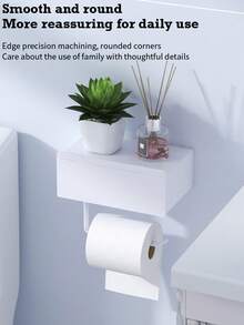 1pc No Drill Wall-Mounted Toilet Paper Holder With Shelf & Wet Wipe Storage Box - Heavy-Duty Plastic, White Bathroom Shelf, Space-Saving Adhesive Backing (No Screws/Holes) For Toilet Paper, Wipes, Phone Holder, Wipes -