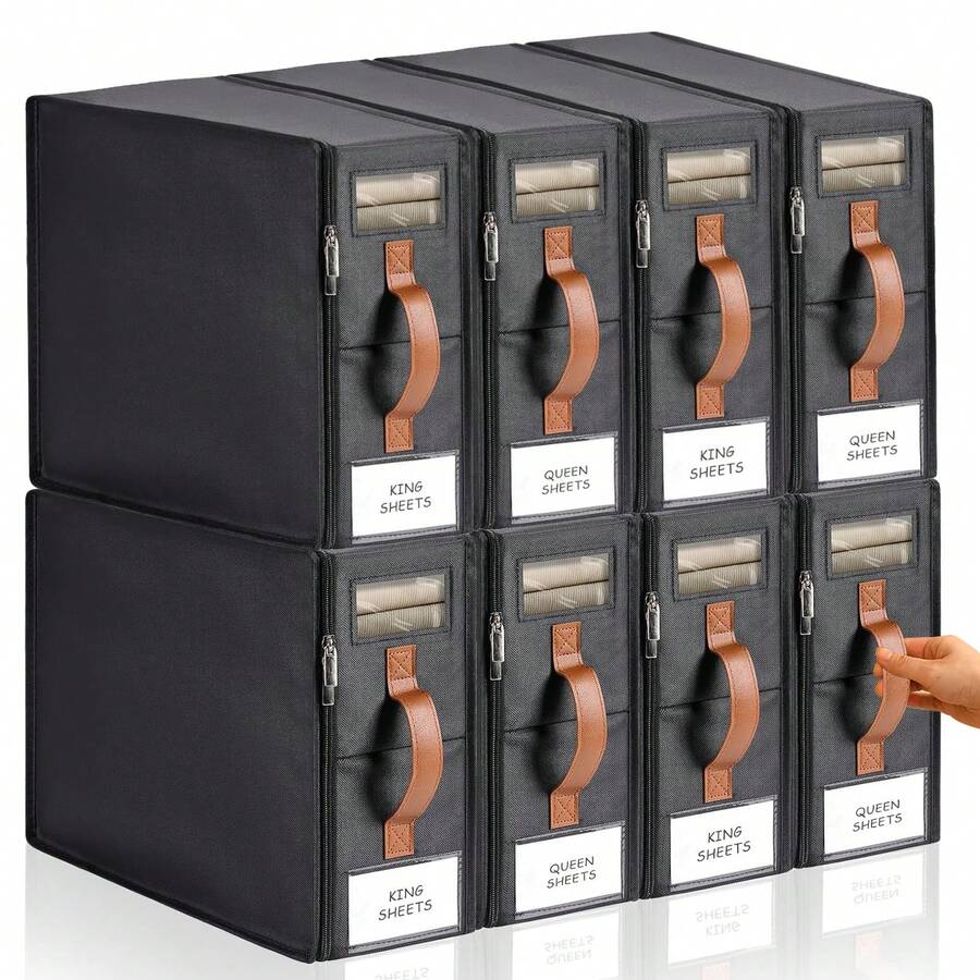 4/8 Pack Wardrobe Organizers And Storage, Foldable Bedding Storage For Bedsheets, Duvet Covers And Pillow(Queen Or King Size), Sheet Storage For Wardrobe With Window,Bed Sheet Organizers And Storage - 黑色 - 查看 1