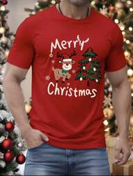 Camiseta 100% algodón con mensaje de Merry Christmas, atuendo casual, versátil para hombres, adecuado para fiestas de Navidad y salidas, para todas las estaciones.