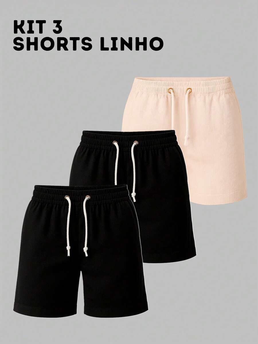 Kit 3 Shorts em Linho Masculino Premium Mauricinho  Social Casual Moda Praia verão Brim Super Fresquinho Preto e Bege