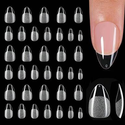 120pcs Short Almond Gel Press-On Nails, Transparent Full Coverage Pre-Designed Nail Tips, 12 Size Options, Suitable For Women DIY And Nail Salon Use