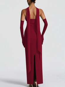Vestido largo ajustado de mujer con tirantes finos y escote en V, color liso, elegante y sexy, para fiesta, noche y boda - Burdeos - Ver 3