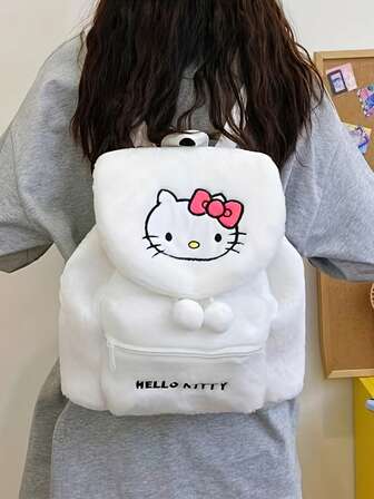 Sanrio Hello Kitty 和 Kulomi 女士背包 - 可爱动漫卡哇伊包，配有仿毛耳朵和绒球，大容量紫色/黑色抽绳封口，粉色蝴蝶结和 Kulomi 脸，适合大学生（Sanrio 授权）