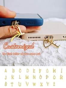 1pc Personalized Customized Golden Minimalist Charm Mobile Phone Dust Plug, With 26-Letter And Heart-Shaped A-Z Letter Pendant Fashionable Heart-Shaped Charging Port Dust Cover, Compatible With Iphone/Type-C Interface, Perfect Birthday And Holiday Gift. - Multicolor - View 2