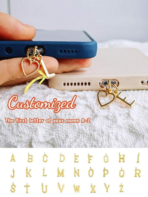 1pc Personalized Customized Golden Minimalist Charm Mobile Phone Dust Plug, With 26-Letter And Heart-Shaped A-Z Letter Pendant Fashionable Heart-Shaped Charging Port Dust Cover, Suitable For Iphone/Type-C Interface, Perfect Birthday And Holiday Gift.