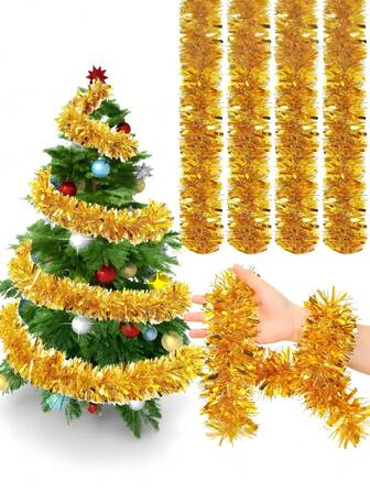 2pcs-Gold Tinsel Christmas Garland, Christmas Tinsel Garland Christmas Tree Decorations, Shiny Metallic Tinsel Twist Garland, Christmas Garland Ornament Glitter Tinsel Twist Garland,Holiday Decorative Strips,Party Decor Supplies, For Party Christmas Holiday Wedding Birthday Tree Wall Rail(Gold)