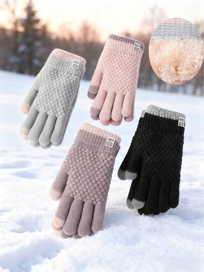 1 Pair Women's New Thick Thermal Lined Warm Touchscreen Gloves, Winter Cycling Windproof Cold-Proof Mittens