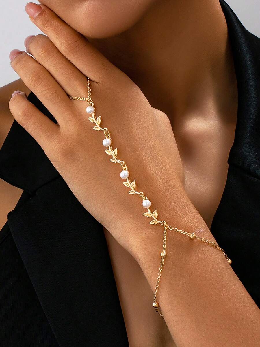 1 Stück modischer, minimalistischer, einzigartiger Blatt- & Perlen-Fingerkettenarmband für Frauen, geeignet für den täglichen Gebrauch, Urlaub, Date, Feiertags-Schmuck - Gold - Übersicht 1
