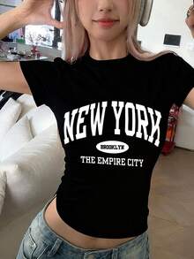 圆领短袖T恤 American Hottie 新款夏季字母印花短款修身女式上衣 - 黑色 - 查看 1