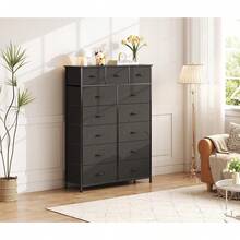 BURN Cómoda de 13 Cajones para Dormitorio, Cómoda de Tela con Tapa de Madera y Estructura de Acero, Mueble de Almacenamiento con Cajones de Tela para Dormitorio, Salón, Pasillo(Negro) - 1 - Ver 3