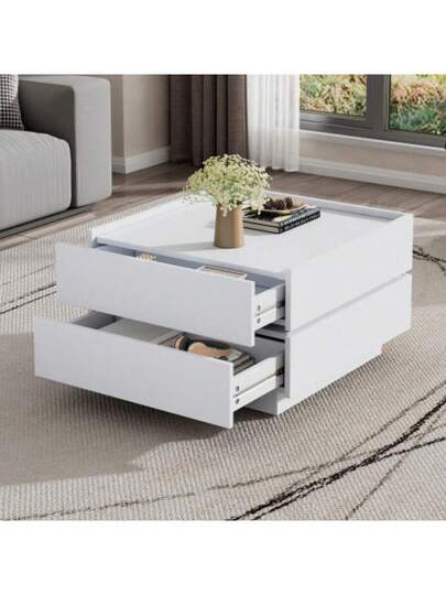 Functional Coffee Tafel The Living Room, 360° Rotatable, Rotating Tabletop Shelves Storage Space, Frame Room Side Pure White, 60*60*38 Cm view 5