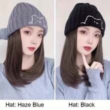 帽子假发一体女熊针织帽锁骨发秋冬韩版保暖百搭假发帽 - 彩色 - 查看 4