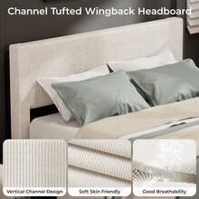 Modern Bed Frame, Full/Queen/King Size Platform Bed Frame With 4 Storage Drawers, Upholstered Corduroy Channel Tufted Headboard Bed Frame With Strong Wooden Slat Support, No Box Spring Needed - 米色-大號 - 查看 4