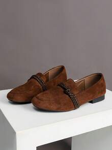 女士时尚编织带圆头低跟平底鞋 - 咖啡棕 - 查看 7