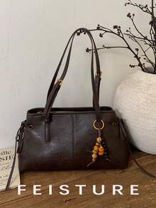 1pc Vintage Large Capacity PU Material Women's Shoulder Bag, Bowling Bag Style, Get Free Accessory Charm With Store Follow, Suitable For Daily Outing, Dating, Commuting - Coffee - View 9