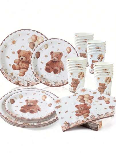 8/16/40Pcs Brown Bear Tableware Set,Baby Shower Party Disposable Dinnerware Set,Paper Plates,Cups And Napkins,1st Birthday Party Supplies,Bridal Shower Favors,Baby Shower Party Supplies,Gender Reveal Party Decor,Baby Boy& Girl Party Decorations,Picnic Utensil,Daily Home Supplies,Kitchen Supplies,First Birthday Party Decorations,Wedding Decor,Party Favors