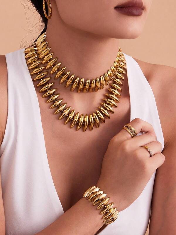 1 Stück Europäischer & Amerikanischer Stil Neues handgefertigtes zusammengestelltes Armband & Halsketten Set, 18K vergoldeter Edelstahl Schmuck