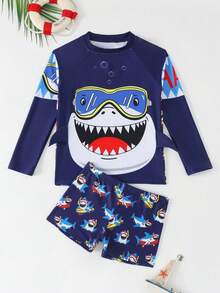 KeKe  VEST Conjunto Praia Infantil com Estampa de Tubarão 2025 i3613 - Azul Marinho - Visão 2