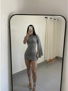 Premium Short Women's Dress With Open Cape Sleeves, Soft Touch, Elegant Look For Christmas And New Year - Xám - Xem 1