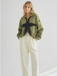 Chamarra de pana con bordado Estrella y strass - Verde militar - Ver 2