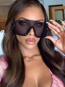 1pc Large Frame Studded Solid Shield Wrap Around Rimless Y2K Christmas Party Rock Street Chic Stylish Fashion Glasses, Fashionable Accessory For Autumn/Winter - Multicolor - View 2