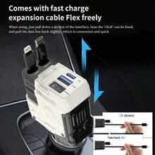 [2025 Upgraded]Retractable Car Charger 4 In 1, With 2 Cables, Supports Super Fast Charging(Max 66W), 2 USB Ports Car Charger Adapter For IPhone 16/15/14/13/12/11 Pro Max, Fold6/5/S25/24, Pixel (White) - 黑色 - 查看 6