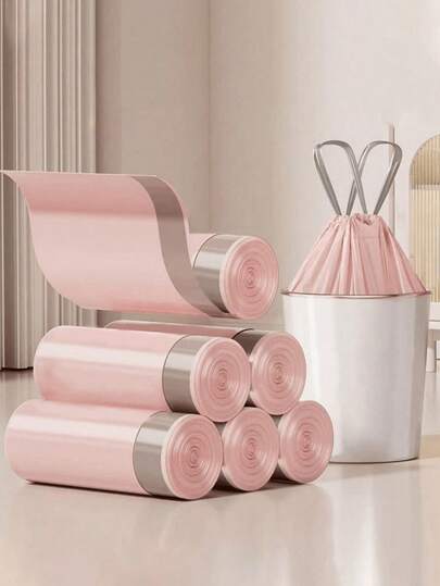 50pcs/Pack Thick Pink Drawstring Trash Bags, Extra Thick Removable Plastic Material, Suitable For Kitchen And Home | Household Essential | Garbage Bags, Trash Cans, Kitchen Supplies, Home Supplies, Cleaning Supplies, Bathroom Supplies, Bathroom, Bedroom, Room Decor