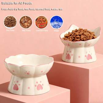 1 件高架陶瓷猫碗 - 手绘釉下彩，抗下巴痤疮，缓解颈部疼痛，防滑防溢宠物喂食器