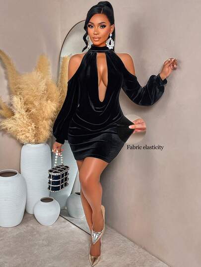 Amarilo Regular Fit Black Velvet Stand Collar Deep V-Neck Off-Shoulder Cap-Sleeve Sexy Influencer Party-Style Bodycon Mini Dress Perfect For Parties, Gatherings, Dinners, And Valentine's Dates Latest Fall/Winter Warmth-Retaining Influencer Sexy Style Short Dress