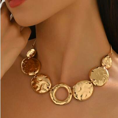 1 件复古厚几何设计纹理圆形表面项链，适合女士，复古个性化珠宝，适合休闲、节日、约会、派对装扮、秋季服装，长度可调节