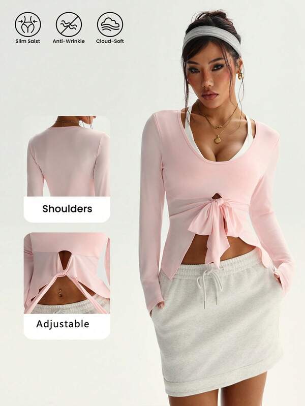 تصميم ربطة أمامية عميقة متقاطعة مع فتحة الخصر، مناسب للمكتب والأنشطة الخارجية، ملابس علوية رياضية أنيقة بياقة V عميقة، ملابس علوية رياضي بأكمام طويلة للمكتب والخارج، ملابس علوية رياضية نسائية أنيقة بياقة V طويلة الأكمام