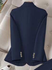 Solid Color Single Button Long Sleeve Single-Breasted Waistcoat Suit Pants Two-Piece Set - Màu xanh hải quân - Xem 4