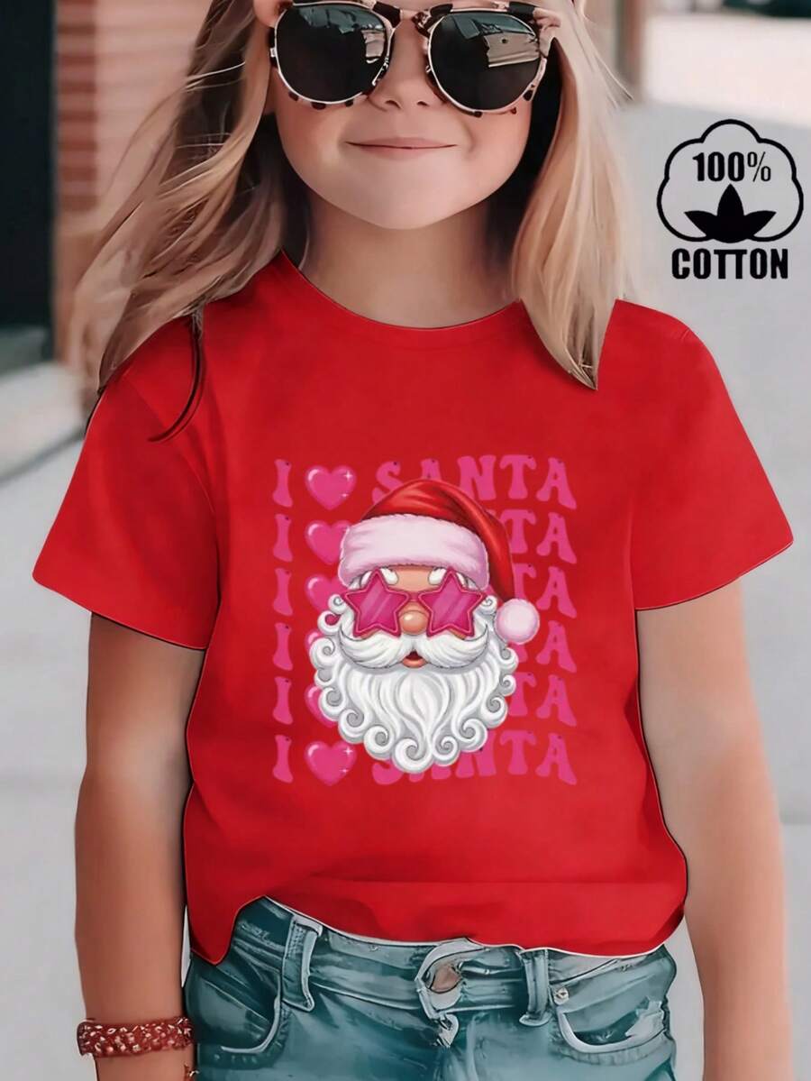 Esta nueva y moderna camiseta de manga corta 100 % algodón para niña luce un estampado navideño. Esta camiseta holgada, informal y versátil está confeccionada con un tejido suave y agradable para la piel de tu bebé. Ya sea para una reunión familiar, un evento escolar o una salida para jugar al aire libre, esta camiseta permite que tu hija se mueva con libertad y comodidad. - Rojo - Ver 1