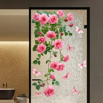 1 st blommig fönsterdekoration med vinranka - rosa ros och grön lövfjäril, självhäftande PVC-klistermärke, lämplig för badrum, vardagsrum, sovrum, kontor, alla hjärtans dag, nyårsdekoration, elegant blomsterdekor, halvmatt finish