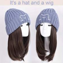 帽子假发一体女熊针织帽锁骨发秋冬韩版保暖百搭假发帽 - 彩色 - 查看 9
