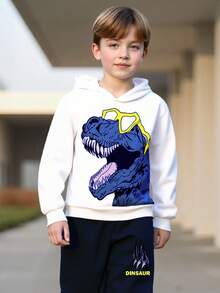 2 件套男童眼镜和恐龙印花连帽衫和爪子字母图案裤子休闲舒适街头服饰，春秋季 - 藍色 - 查看 5